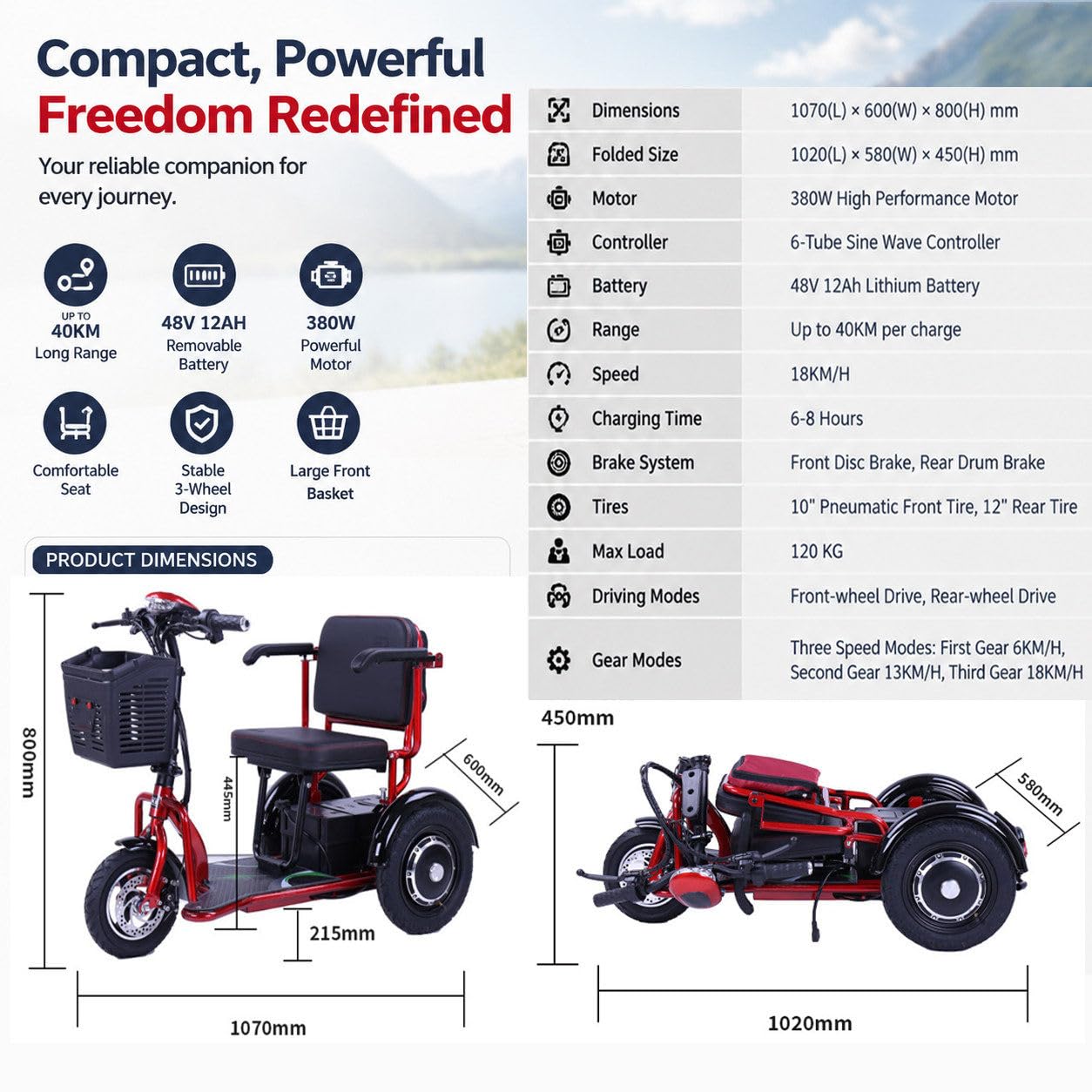 Scooter De Movilidad Para Adultos Mayores Y Adultos: Plegable, Batería Extraíble (Autonomía: 40 Km), Scooter De 3 Ruedas, Ajuste De 3 Velocidades,Color Rojo,Capacidad De 150 Kg
