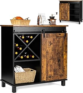TANGZON Sideboard, Storage Cabinet with Sliding Barn Door & Wine Rack, Buffet Cupboard for Home, Kitchen,Living Room and Entryway (with Wine Rack, Rustic Brown)