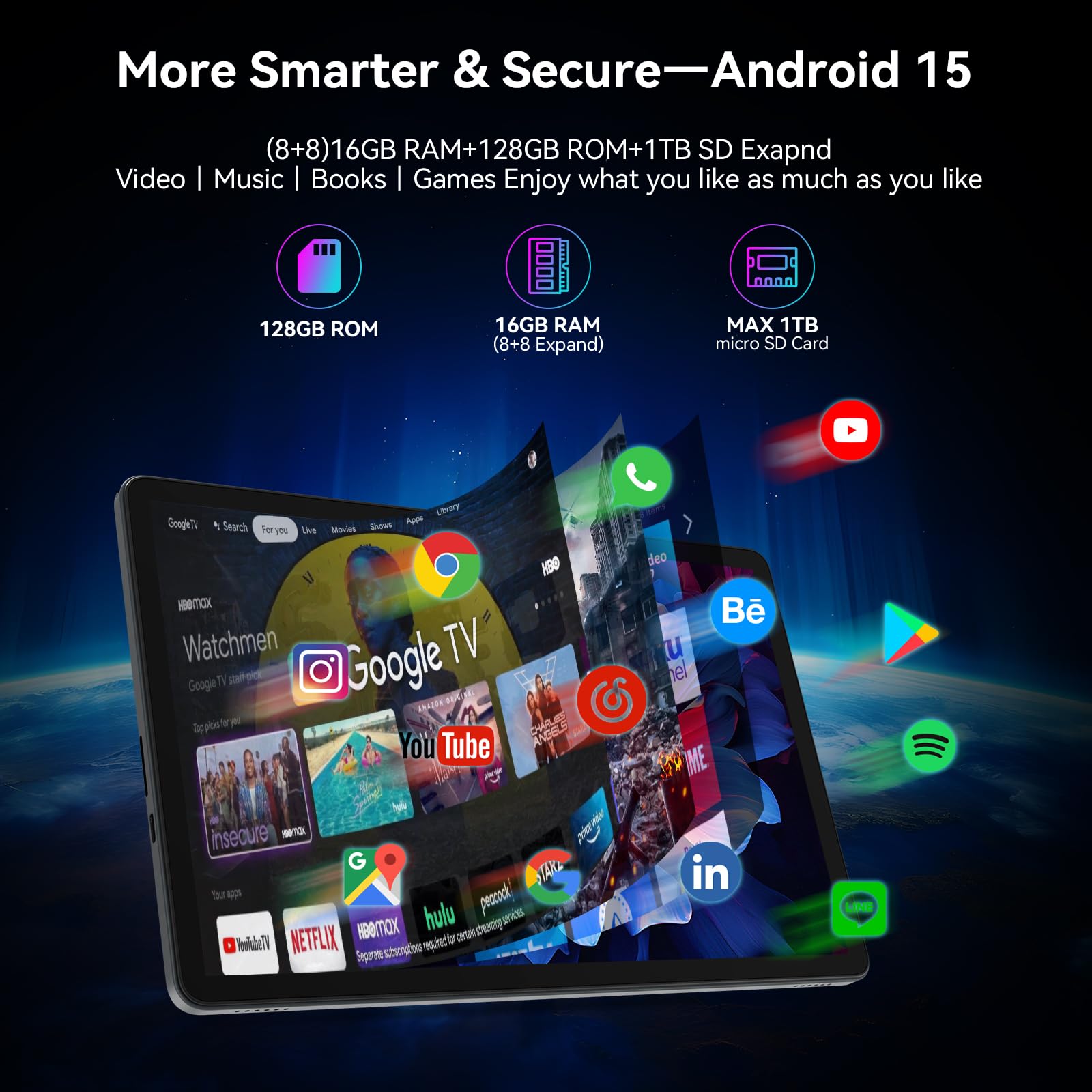11 inch Android 15 Tablet, 16GB RAM, 128GB ROM 1TB Expand, 4G LTE