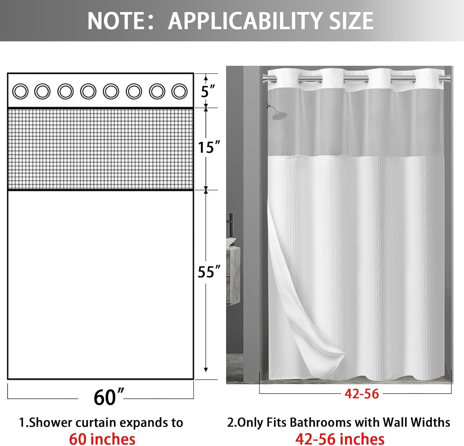 No Hook Shower Curtain and Liner Set,White Hotel Waffle Shower Curtain with Liner 75" L x 60" W