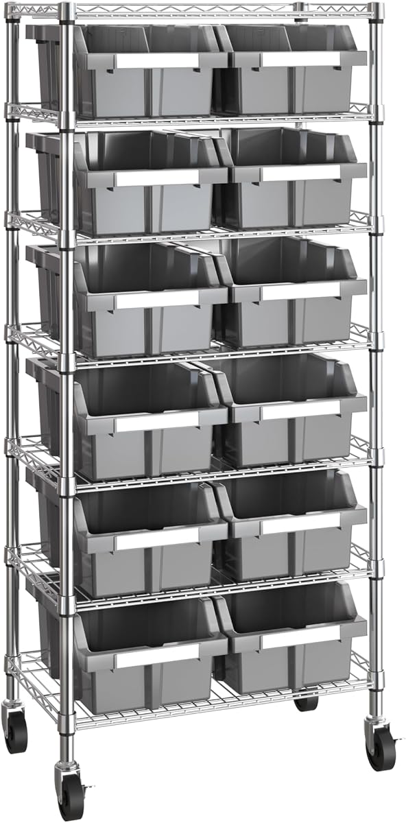 7-Tier NSF 12-Bin Steel Wire Shelving Rack, 25"W x 14"D x 56"H, Gray | 12 slide-out bins with tilt-lock design keep supplies organized and accessible