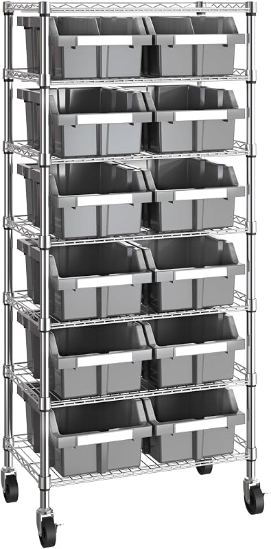 7-Tier NSF 12-Bin Steel Wire Shelving Rack, 25"W x 14"D x 56"H, Gray | 12 slide-out bins with tilt-lock design keep supplies organized and accessible