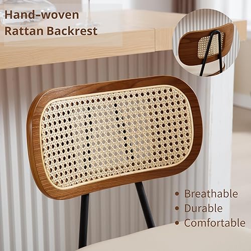 Miniatura 6 de HEAH-YO Juego de 2 taburetes de ratán de 26 pulgadas de altura de mostrador con respaldos y patas de madera, moderno taburete de ratán de piel
