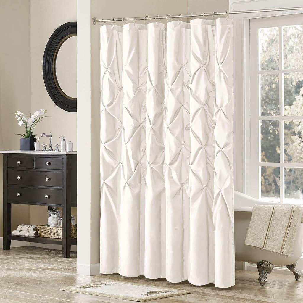 Madison Park Laurel Semi-Sheer White Shower Curtain – Lightweight Faux Silk Fabric, 72x72 in, Light Filtering, Modern Style Bathroom Curtain Textured Tufting Detail Modern Mid-Century Bathroom Decor