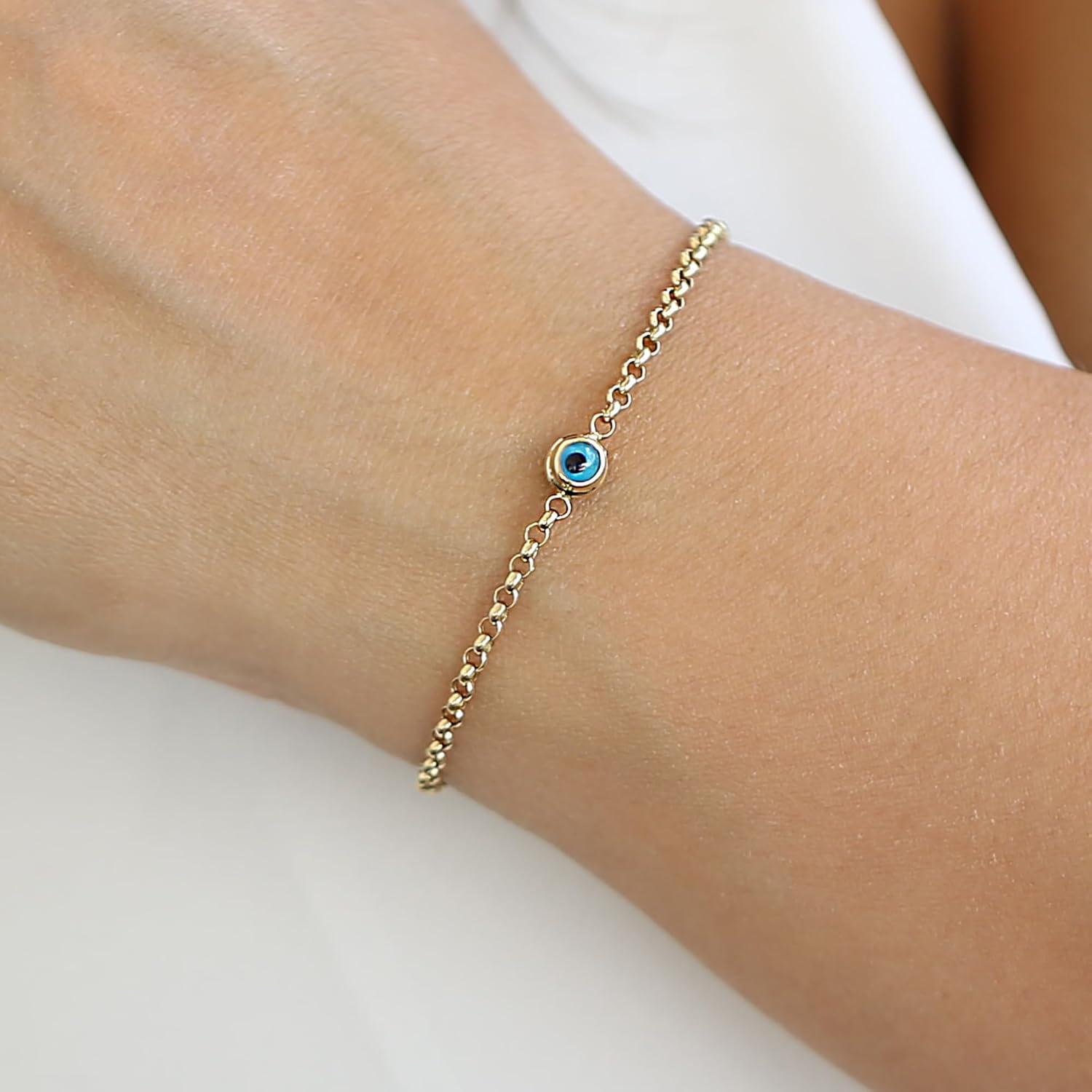 14k Gold Evil Eye Bracelet - Blue Evil Eye Rolo Chain - Real Solid Gold Eye Station for Ultimate Protection - Great Gift for Women and Girls