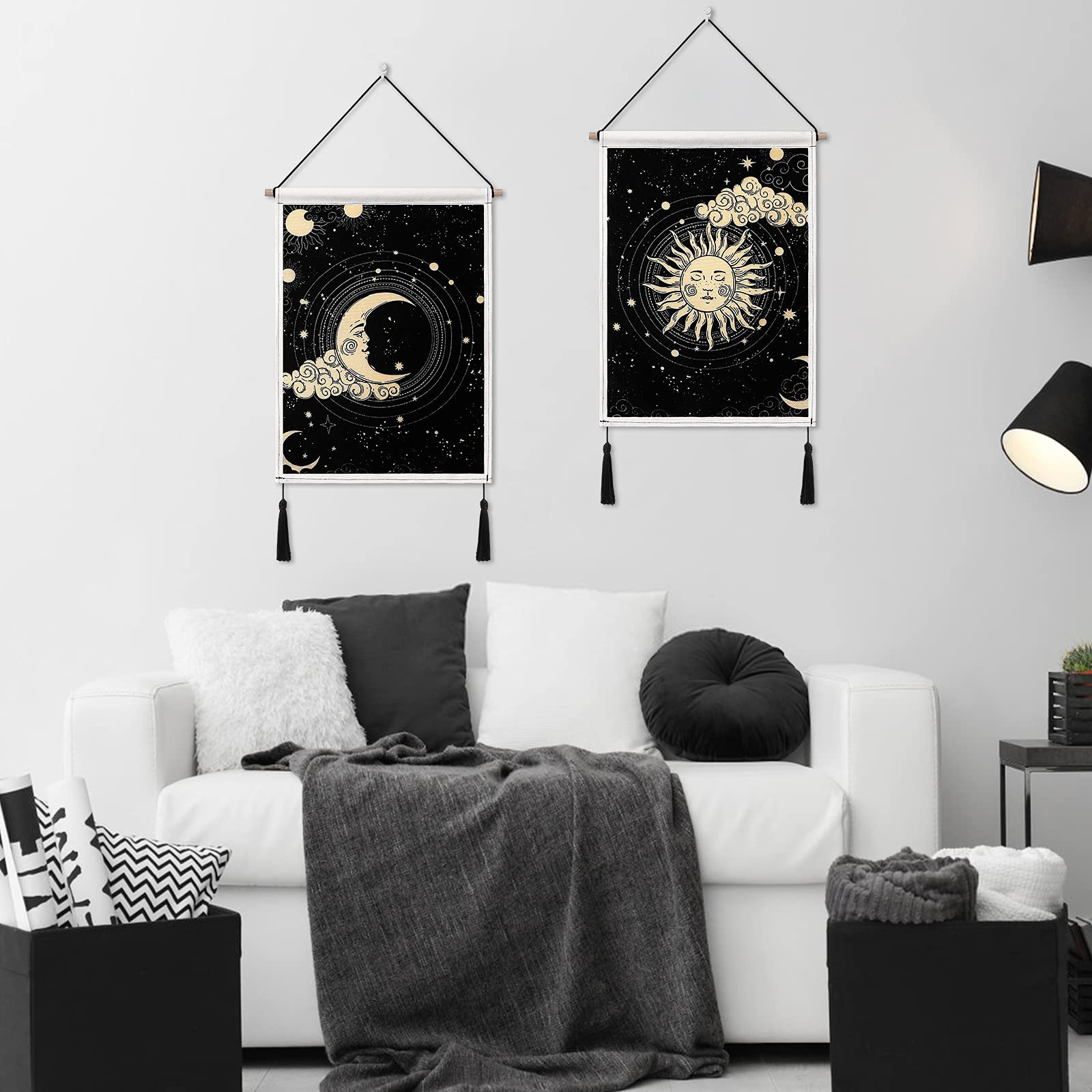 Betylifoy Confezione da 2 Arazzi da Parete con Luna e Sole con Nappe Tarocchi Neri Arazzo da Appendere a Parete Decorazione da Parete per Camera da Letto con Nuvole di Stelle della Boemia (Sole)
