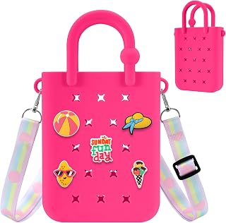 Mini Rubber Tote Bag with 20 Charms, Silicone Beach Tote for Little Girls & Women with Adjustable Shoulder Strap