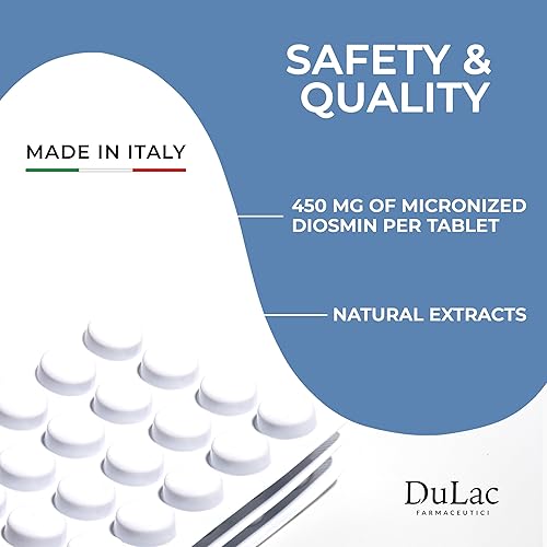 Miniatura 5 de Dulàc - Diosmin 500 con castaño de indias, escoba de carnicero, uva roja y hesperidina - Suplemento dietético - 40 tabletas - Hecho en Italia