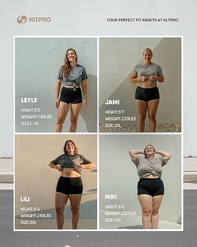 Vista 6 de HLTPRO Pantalones cortos de cintura alta para mujer 8 pulgadas con control de barriga para correr, entrenamiento, ciclismo, yoga