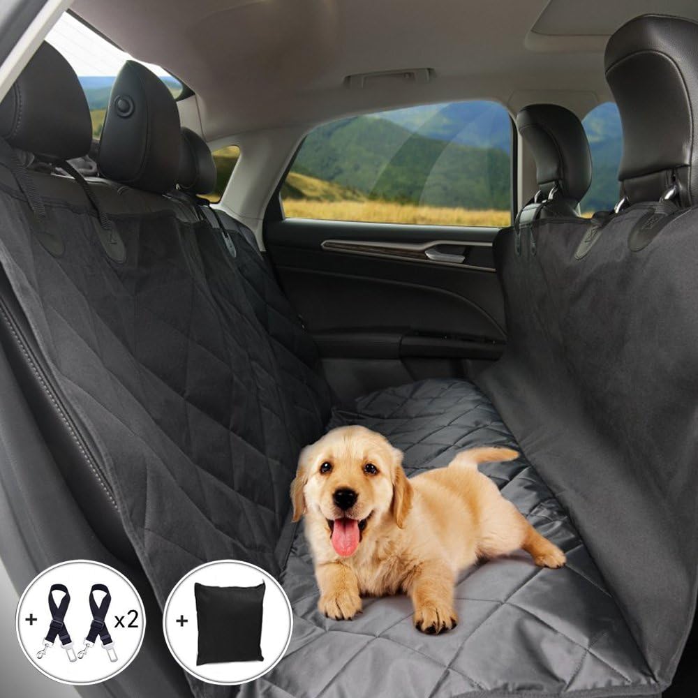 Calish Dog Seat Cover for Cars, Waterproof Pet Car Seat Covers, Dog Hammock, Heavy Duty Rear Seat Protector, Slip-proof, Black with Two Dog Seat Belt