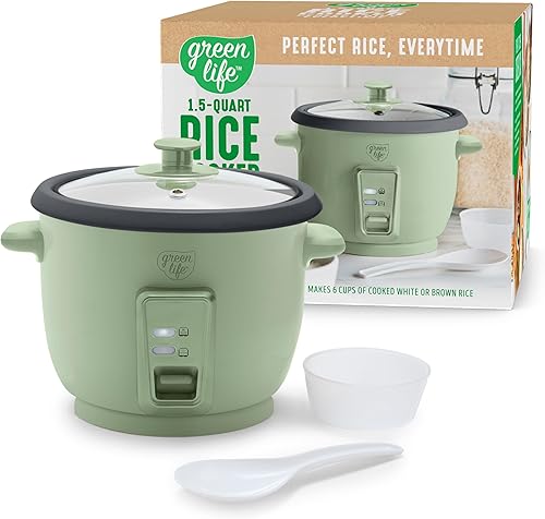 GreenLife Olla arrocera con olla antiadherente extraíble sin PFAS, 3 tazas sin cocinar6 tazas cocidas, diseño de una sola interrupción, función de