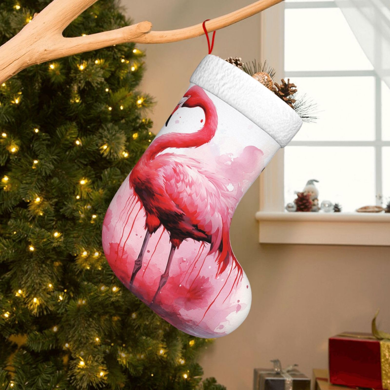 Velvet Christmas Stockings 17.7 Inch, Flamingo Watercolor Xmas Stocking with Soft Cuff,Classic Personalized Christmas Tree Decoration for Family Holiday New Year Party Supplies