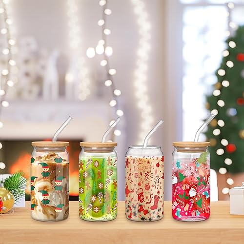 Miniatura 5 de Juego de 12 Vasos de Navidad con Tapa de Bambú y Popote de Vidrio 16 oz Vaso de Navidad Vaso para Cerveza Café Helado Tazas de Beber para Mujeres