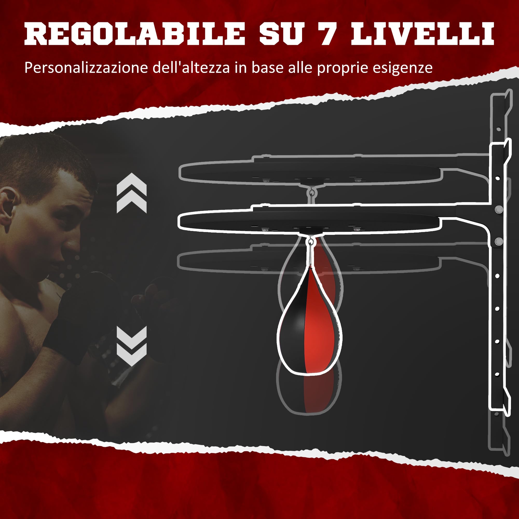 SPORTNOW Punching Ball a Muro, Speed Bag Girevole a 360° e Regolabile su 7 Livelli di Altezza, Palla da Boxe con Pompa Inclusa, per Casa, Palestra, Allenamento, Nero e Rosso