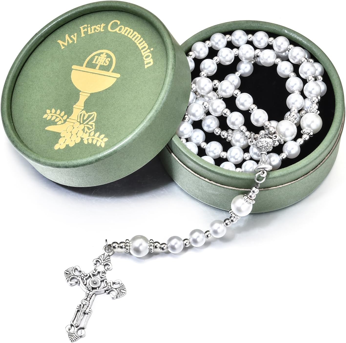 Merroyal Glass Pearl First Communion Rosary with Chalice Centerpiece and Ornate Crucifix, Boys and Girls, Includes Holy Cup Metal Gift Box and Satin Drawstring Bag