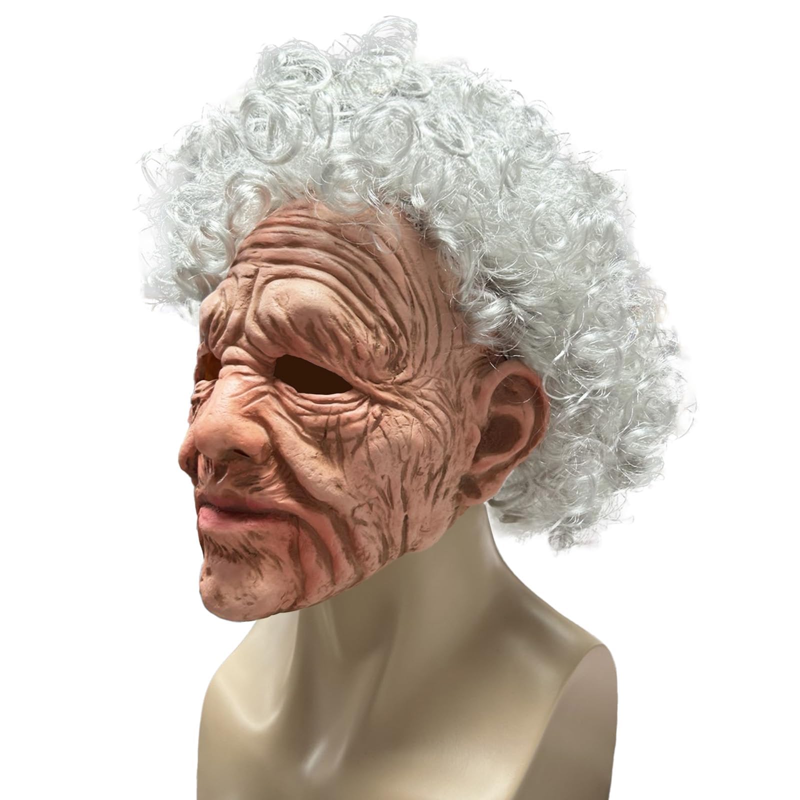 SINSEN Old Woman Mask Realistic Scary Granny Old Lady Creepy Human with Wrinkled Wig Full Head Latex Mask Halloween Cosplay Party Masquerade Prank Fancy Dress Costume Props for Adults - Image 3