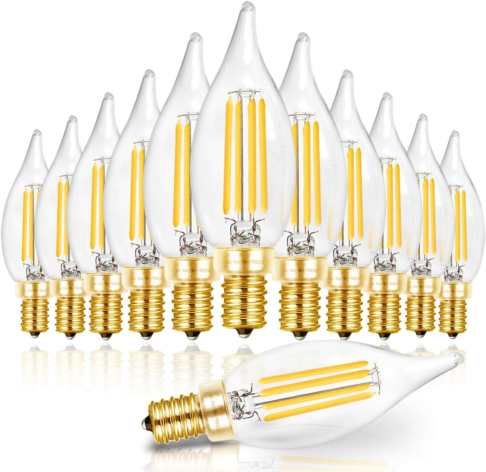Hizashi Candelabra LED Light Bulbs, E12 LED Bulb 40W Dimmable, 90+ CRI 4W 450LM 5000K Daylight White, CA10 Chandelier Light Bulbs, Flame Tip Candle Light Bulbs, UL Listed - 12 Pack