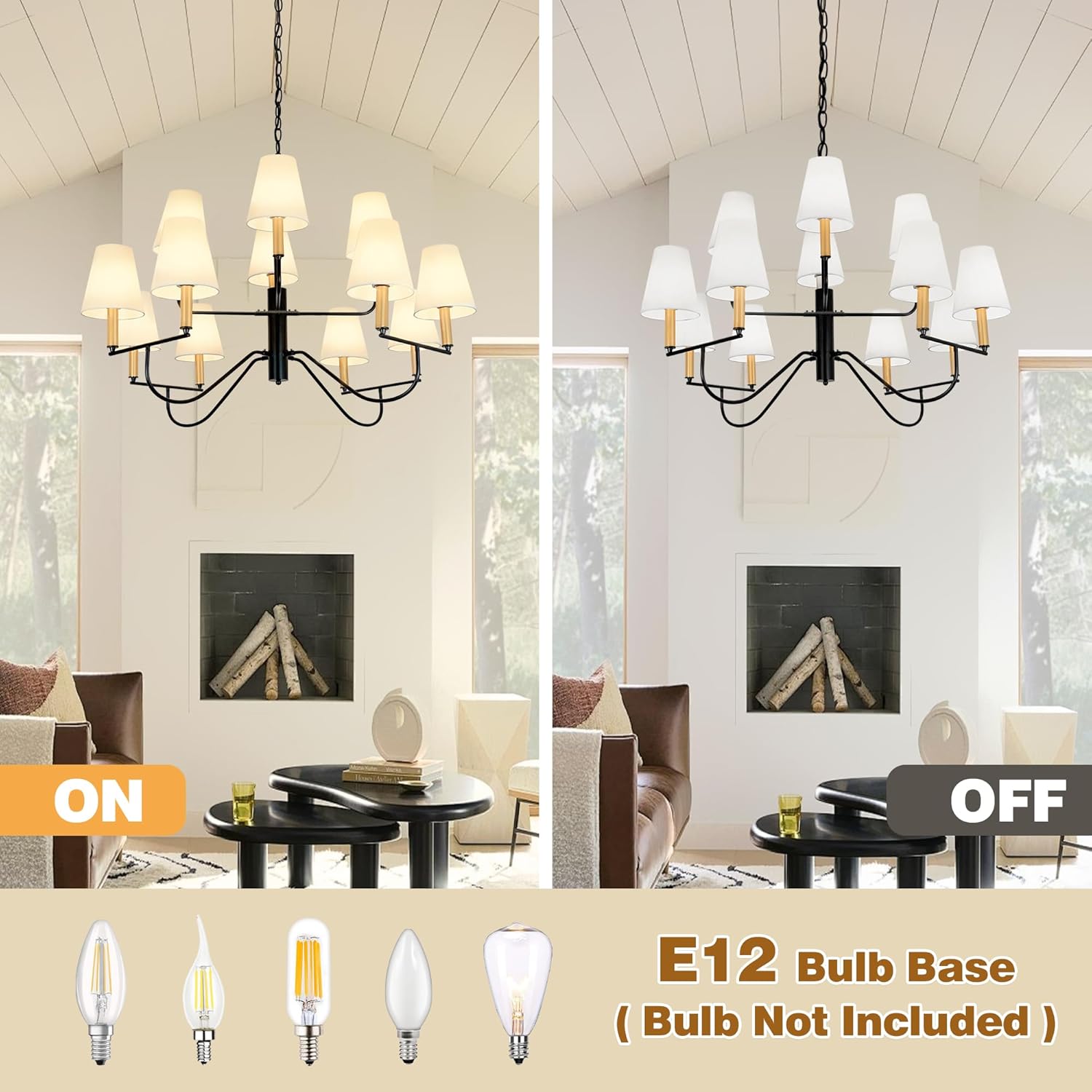 46" Farmhouse Chandelier with White Fabric Shade 12 Light Black and Gold Pendant Chandelier Light Fixture Modern Large Dining Room Chandelier for Kitchen Island Living Room Entryway Foyer