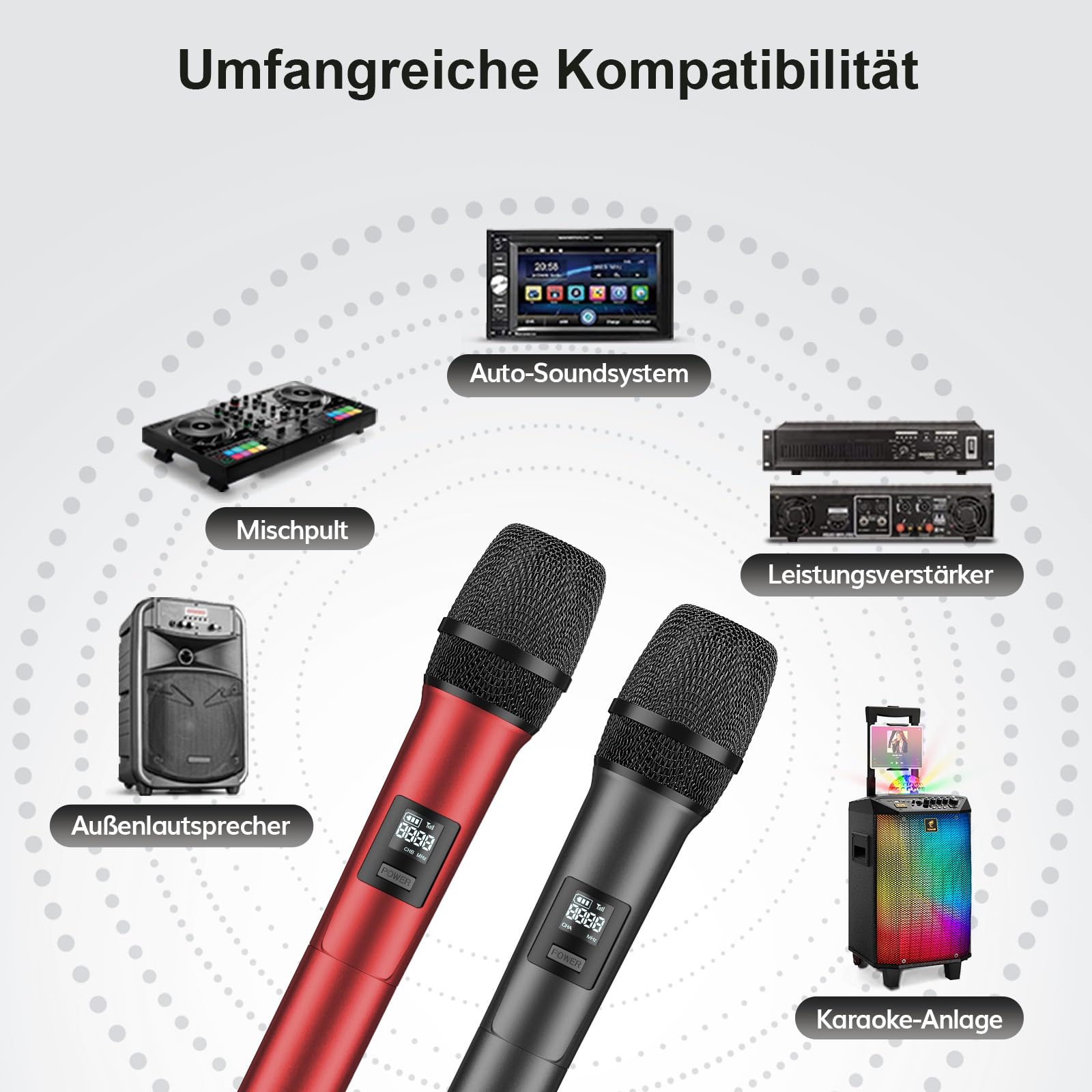 TONOR Dual Mikrofon Kabellos System, Funkmikrofon drahtloses Karaoke Mikro Set 60 m Reichweite TW450 Grau-Red