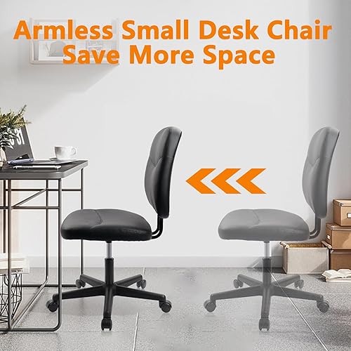 Miniatura 4 de CLATINA Silla de oficina en casa sin brazos, pequeña silla ergonómica de piel sintética con respaldo bajo con soporte lumbar y ruedas, altura