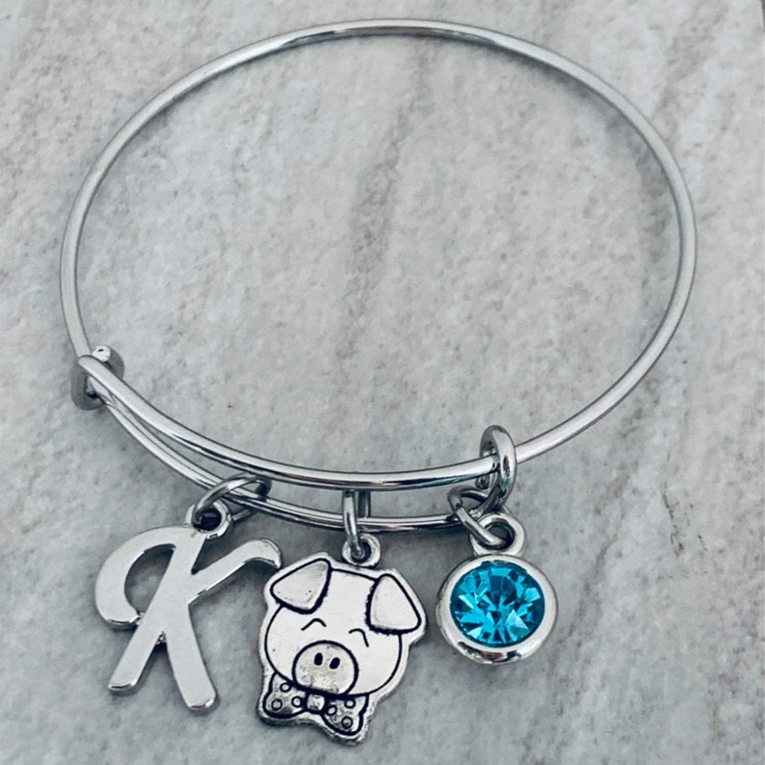 Personalized Pig Charm Bangle Bracelet with Birthstone and Initial Charm, Pig Jewelry Gifts for Women, Teens and Girls - Image 2