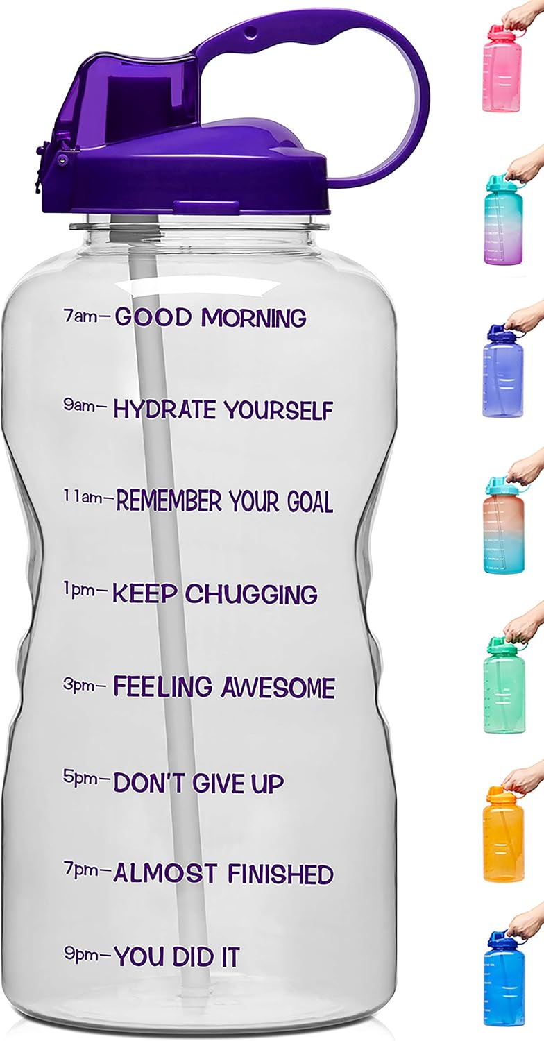 Venture Pal Large 1 Gallon/128 OZ (When Full) Motivational BPA Free Leakproof Water Bottle with Straw & Time Marker Perfect for Fitness Gym Camping Outdoor Sports-Clear -Purple