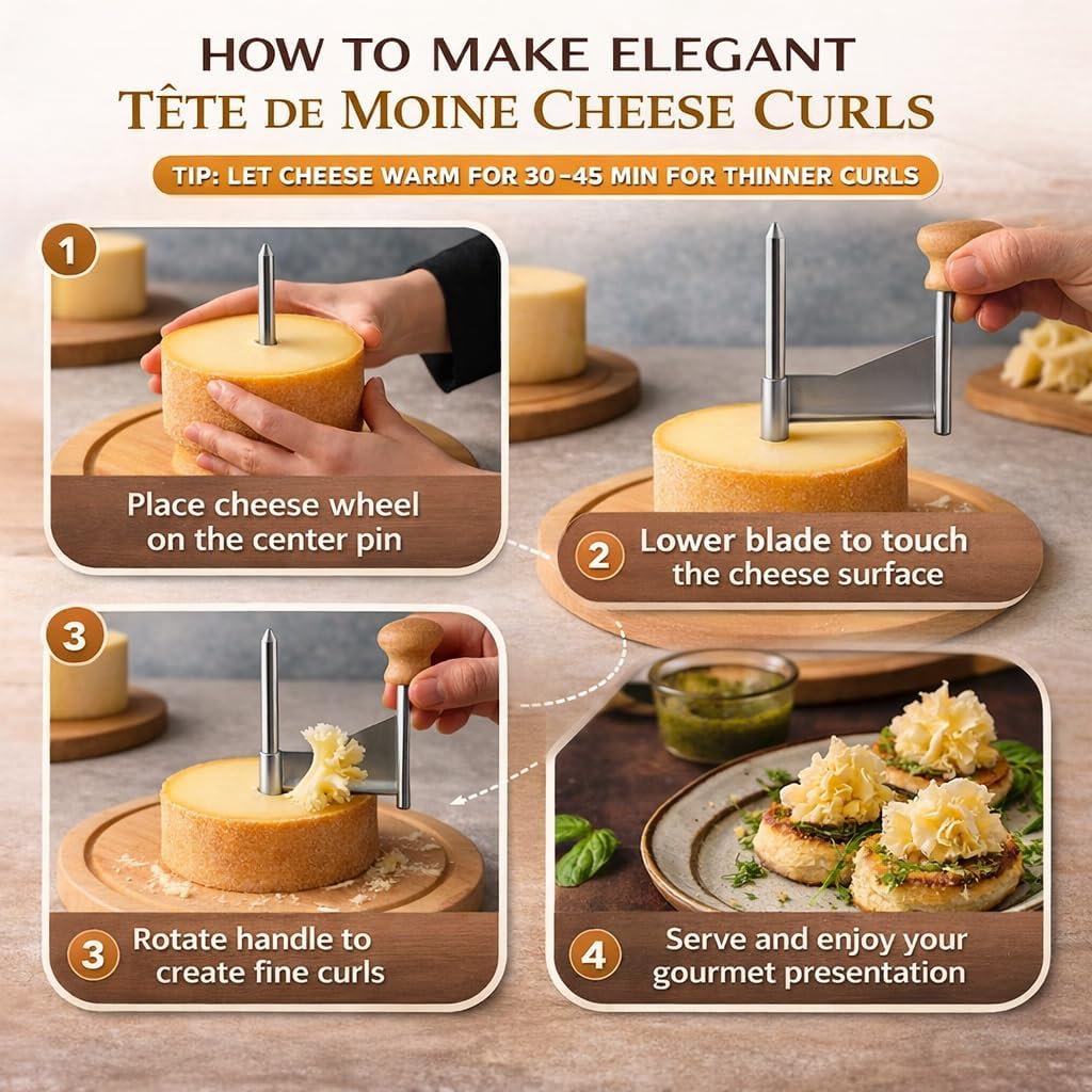 Cheese Curler Wheel – Cheese Shaver for Tête de Moine, Create Elegant Cheese & Chocolate Rosettes, Stainless Steel Blade with Wooden Base, Perfect for Charcuterie Boards, Parties & Gifting