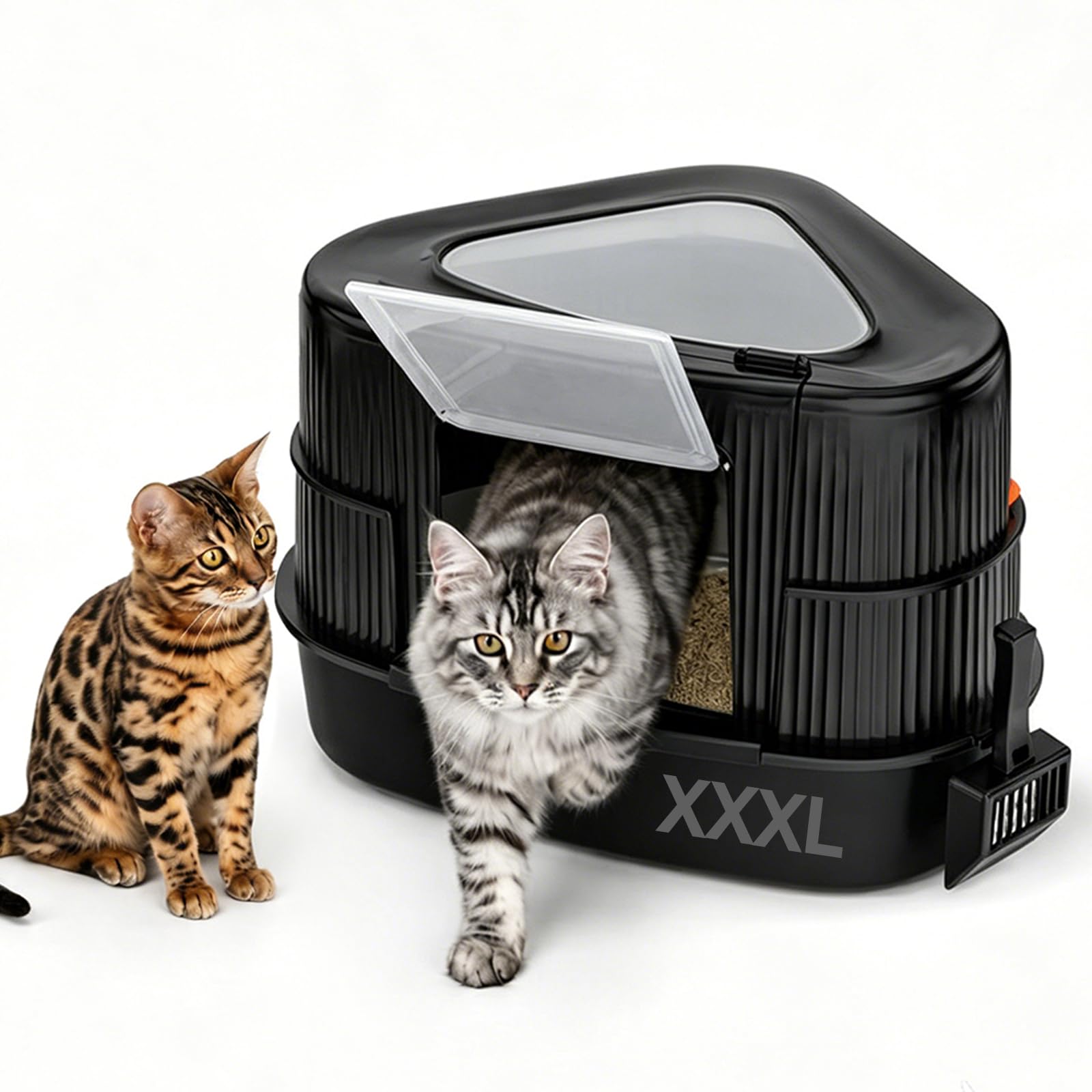 Stainless Steel Corner Cat Litter Box with Lid, Ideal for Indoor Use, Extra-Large High Sided for Large Cats, Odor-Control Enclosure, Hidden Design, Space-Saving（Black）