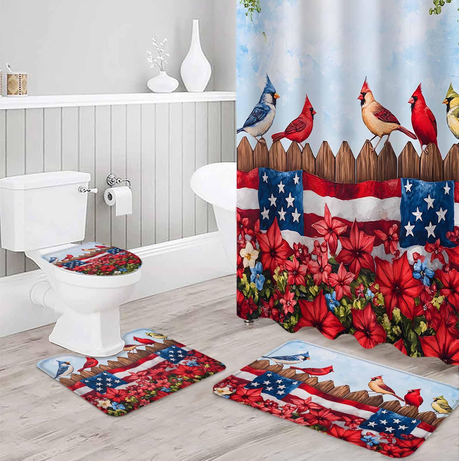 4th of July Bathroom Set with Shower Curtain and Rug Accessories - 36x72 Inches Long Star Stripe Vintage Red Blue Patriotic Flower Stall Curtain Waterproof with Large Bath Mat,Washable Runner Rug Set