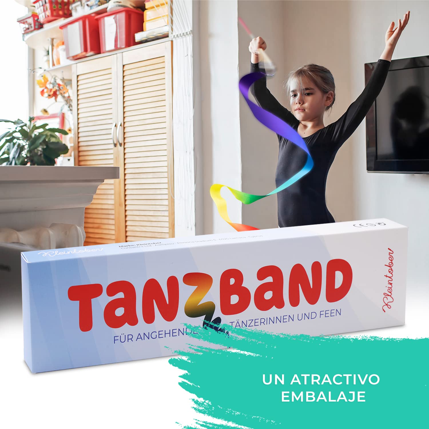 Kleintober Banda de gimnasia de alta calidad con varilla, para niños, arco iris, banda de baile con instrucciones de imágenes para ejercicios, regalo óptimo para niñas