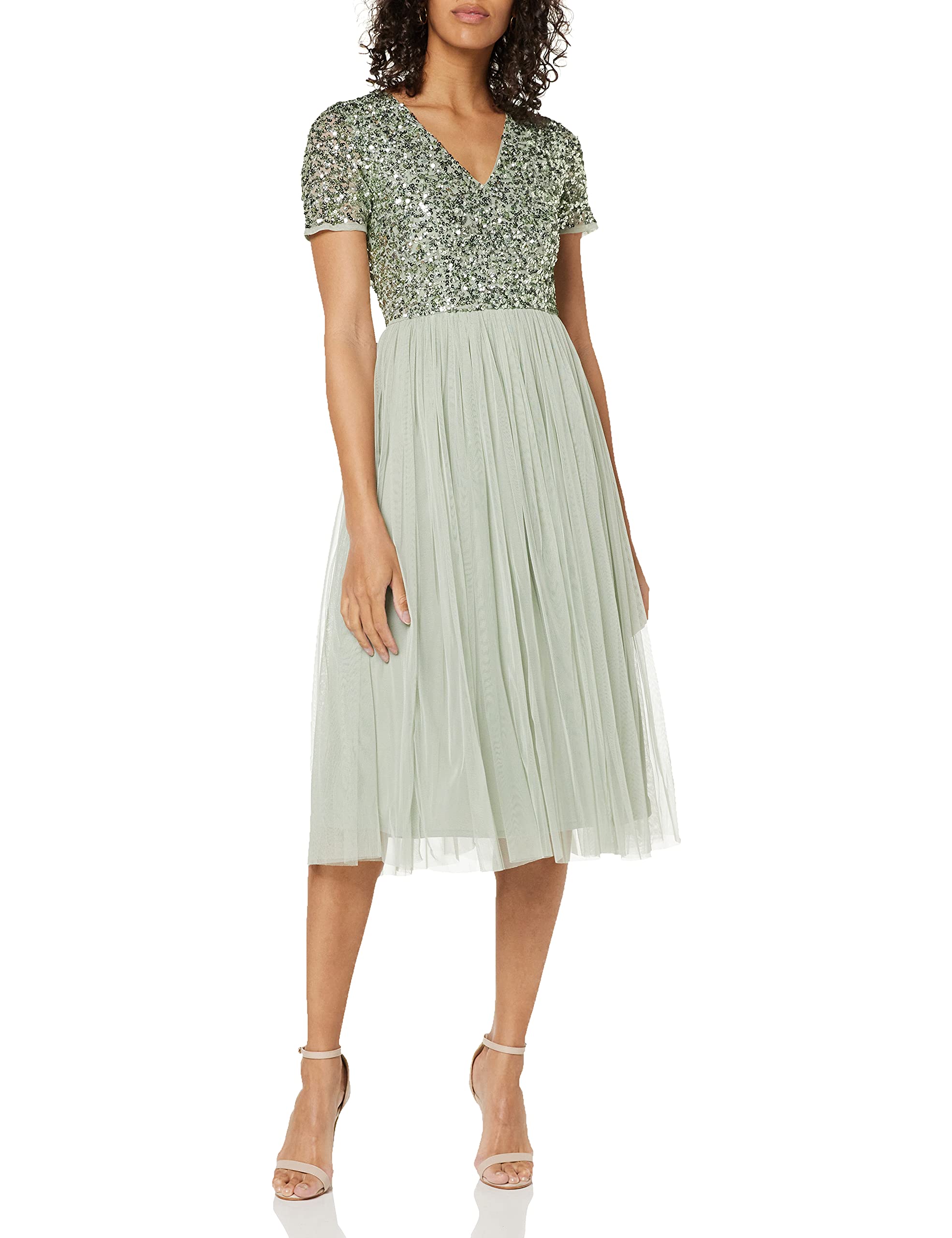 Maya Deluxe Damen Midi-Kleid mit V-Ausschnitt, Verziert Brautjungfernkleid, Grüne Lilie, 36