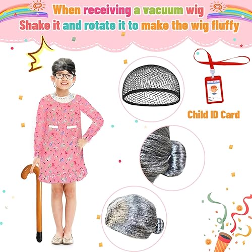 Miniatura 4 de MEPUSON Disfraz de anciana para niños, disfraz de 100 días de escuela, disfraz de Halloween, abuela, peluca de abuelita, accesorios de cosplay