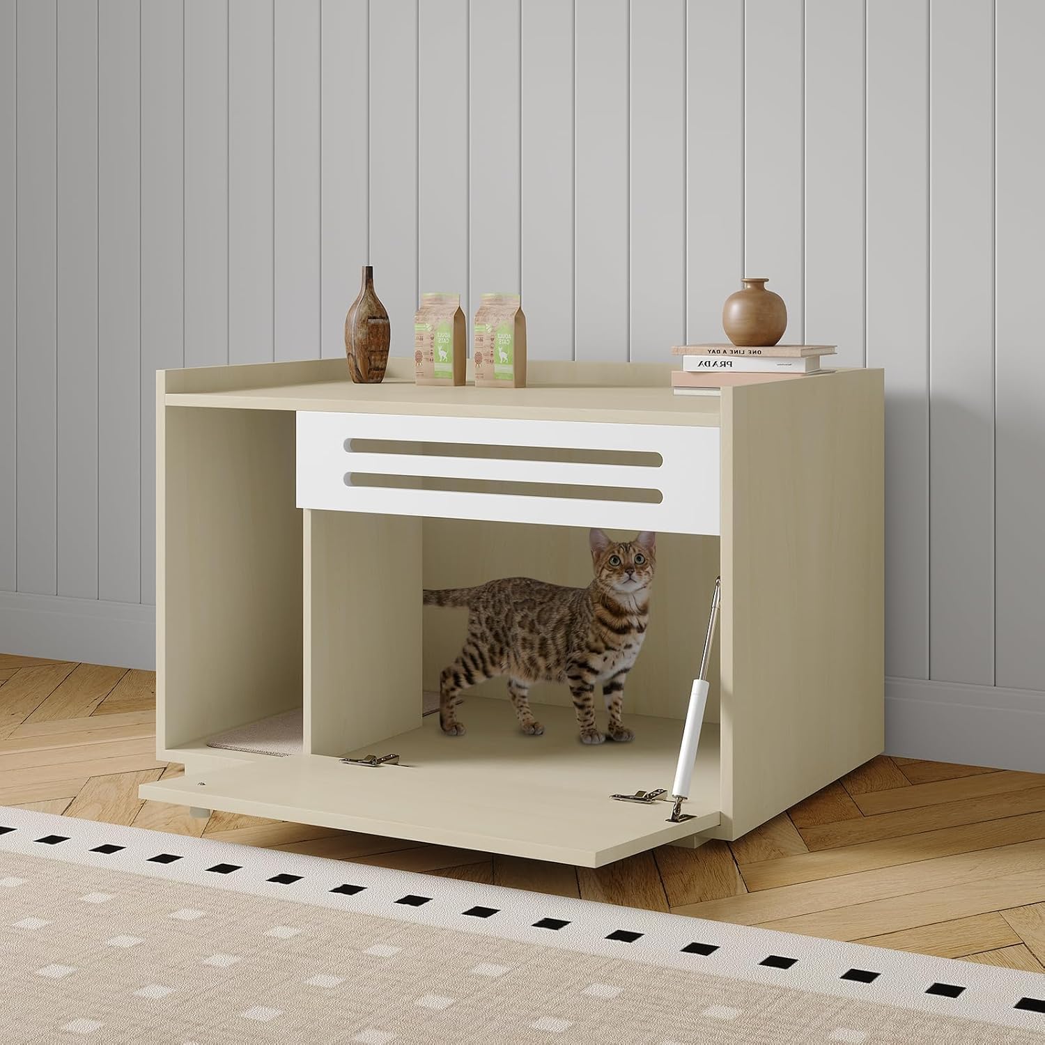 Mobiletto Copri Lettiera per Gatti - Design Moderno, Ampio e Ventilato - Sportello a Ribalta, Privacy Garantita, Facile da Pulire - Colore Legno Naturale