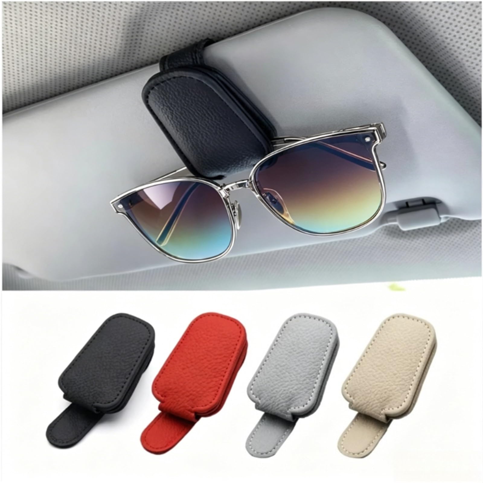 Brillenhalter FüR Auto Multifunktions Auto Sonnenblende Brille Clip Leder Brillen Clip Magnetische Sonnenbrille Halter Aufhänger Universal Innen Teile(2pcs Red)