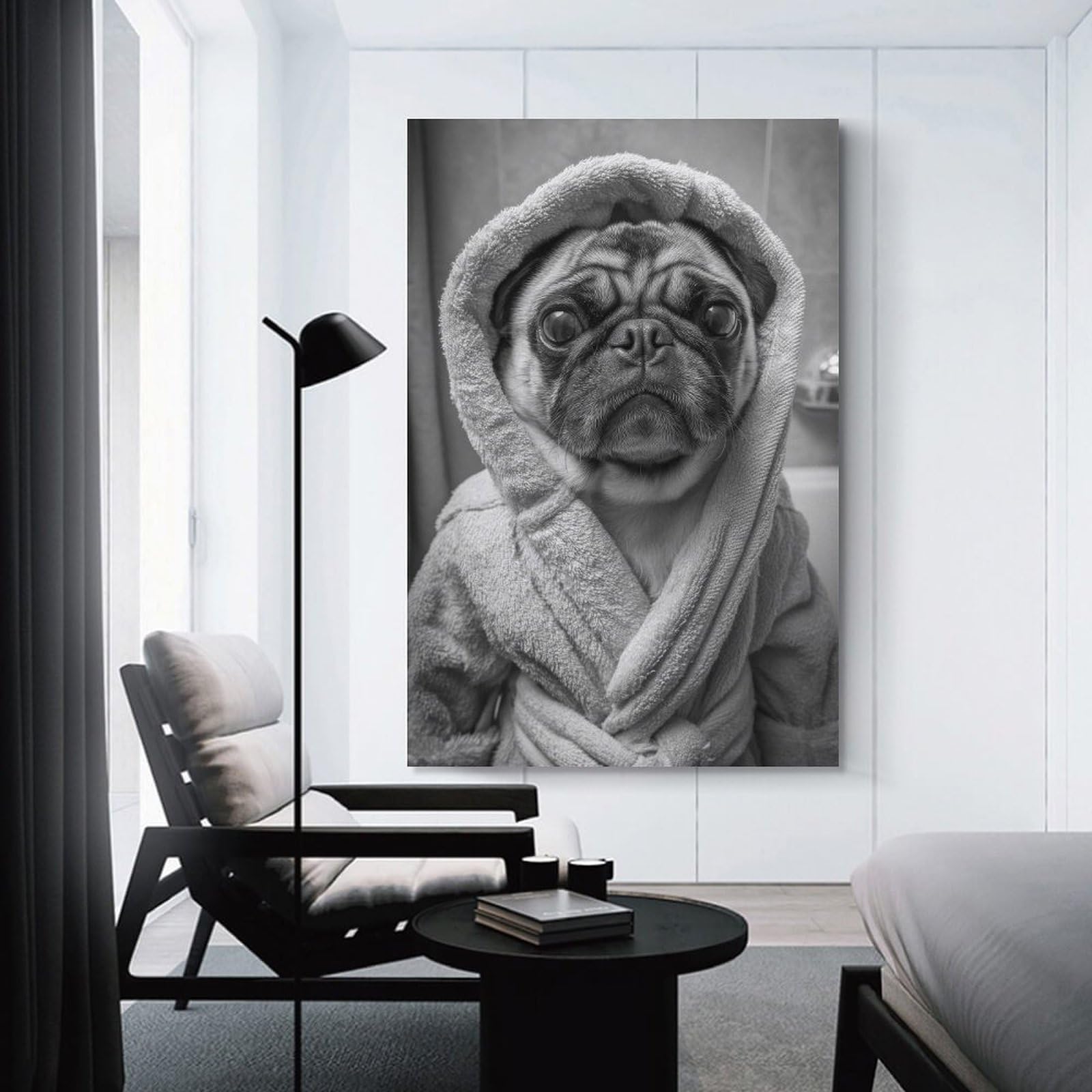 Junmoney Unframe-Style-14 Canvas Wall Decor Pug In Bathrobe Funny Bathroom Poster, 24X36inch(60X90cm), For Home Lounge, Bedroom Or Reading Nook, Eye Catching Artwork For Blank Walls