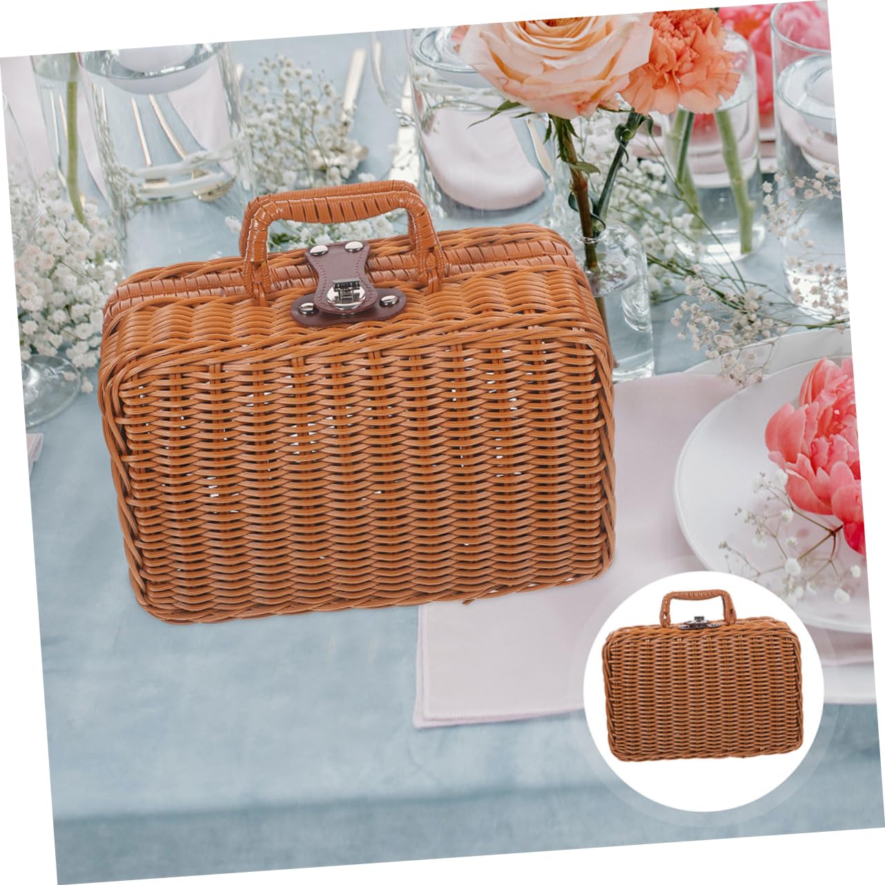 Valigia Vintage Manico, Scatola Portaoggetti Intrecciata Piccola | Finta Pelle e Plastico, Capienza Ampia, Chiusura Blocco, Stile Simulato Rattan