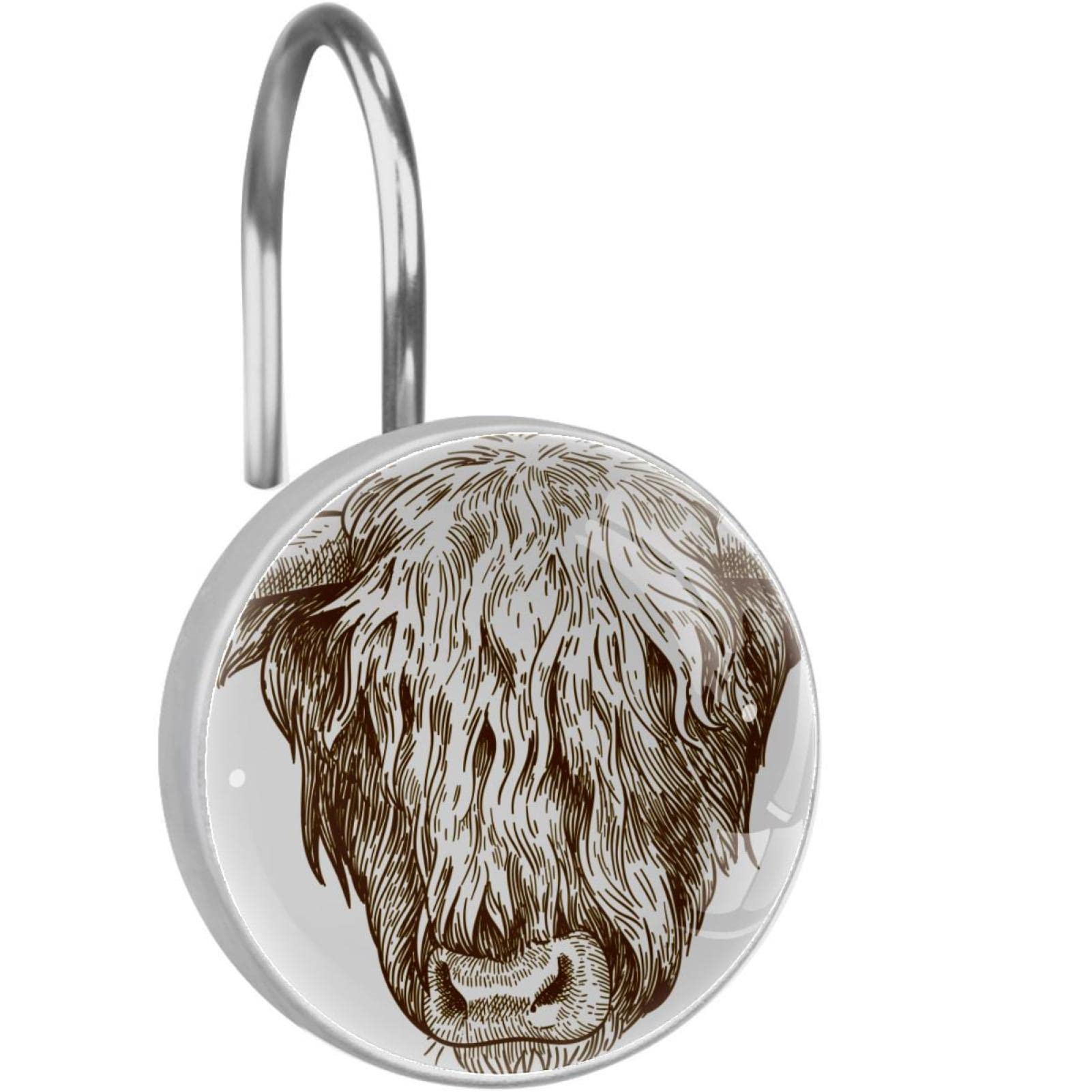 Crochets de rideau de douche en métal durable et design bovins des Highlands haute finition x12