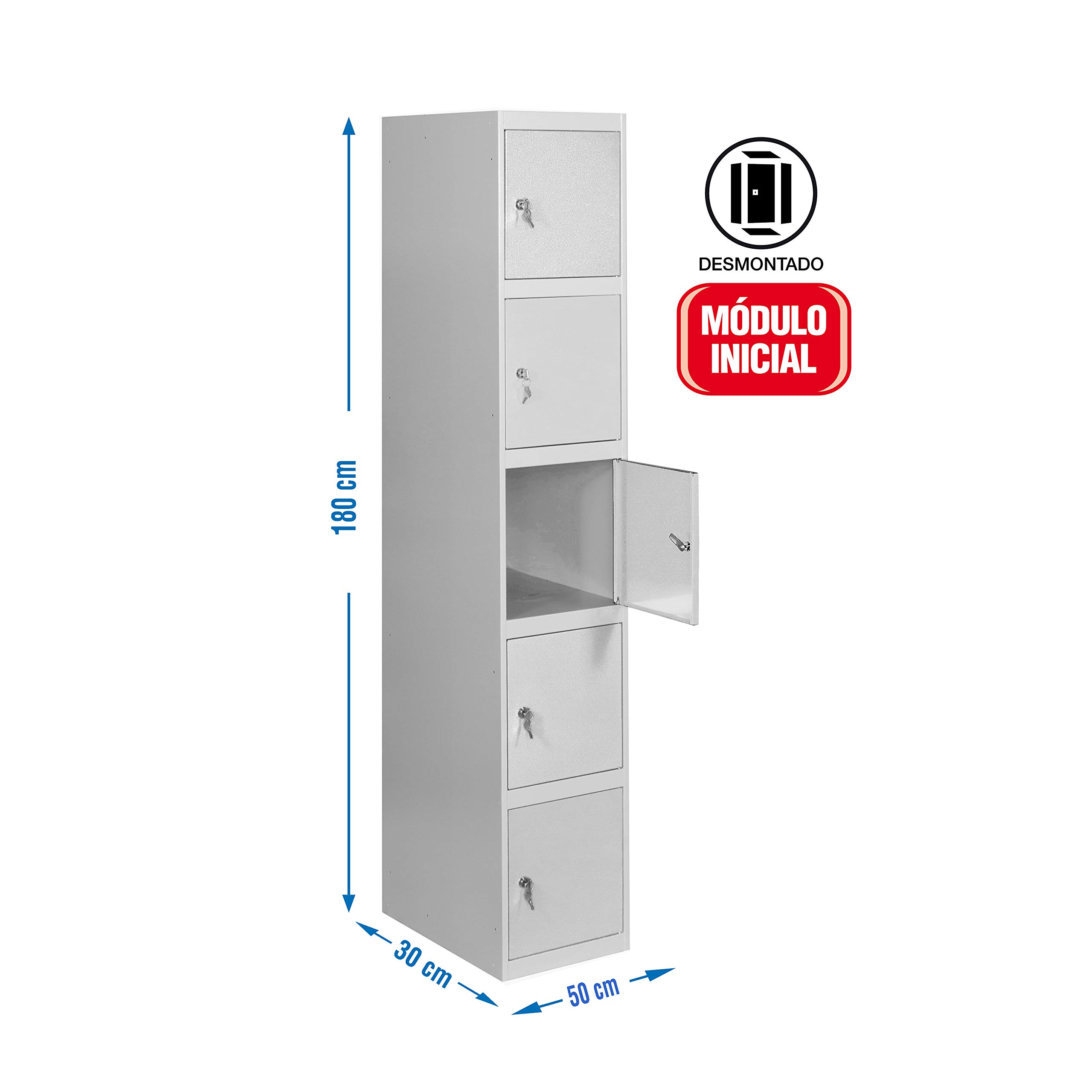SimonRack Taquilla Vestuario Metálica, 5 Puerta, Incluye Llave, 1800x300x500 mm, Gris - SimonLocker | Contiene 2 llaves, pintura anticorrosión, color gris