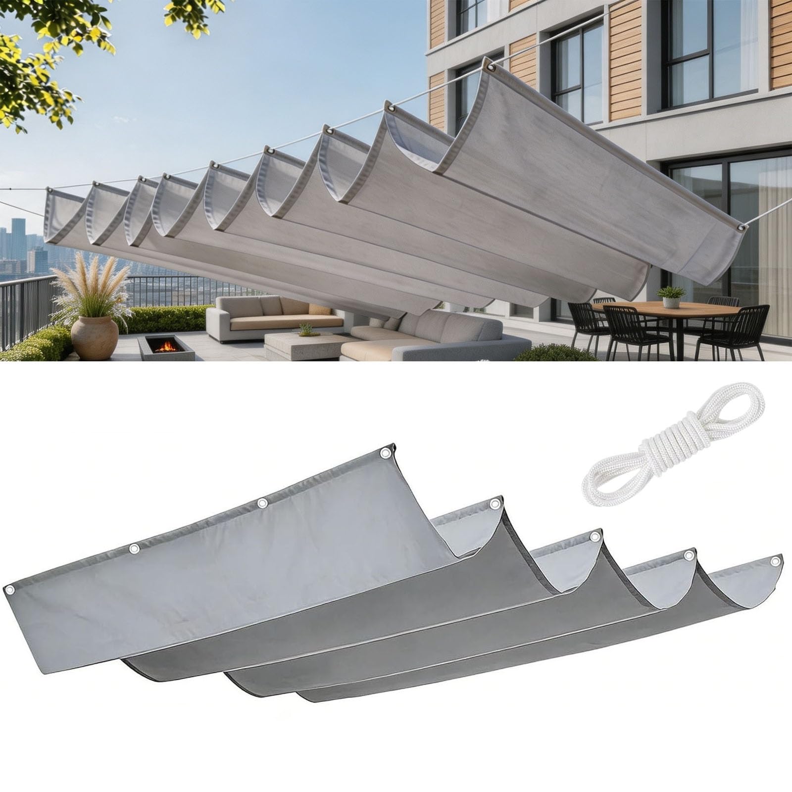 Voile-D'Ombrage Rétractable Vague 2.9 x 7 m Protection UV 98% PES Résistant à l'eau Durable Résistant et Respirant Toile Ombrage Imperméable pour Patio Jardin Terrasse, Gris Clair