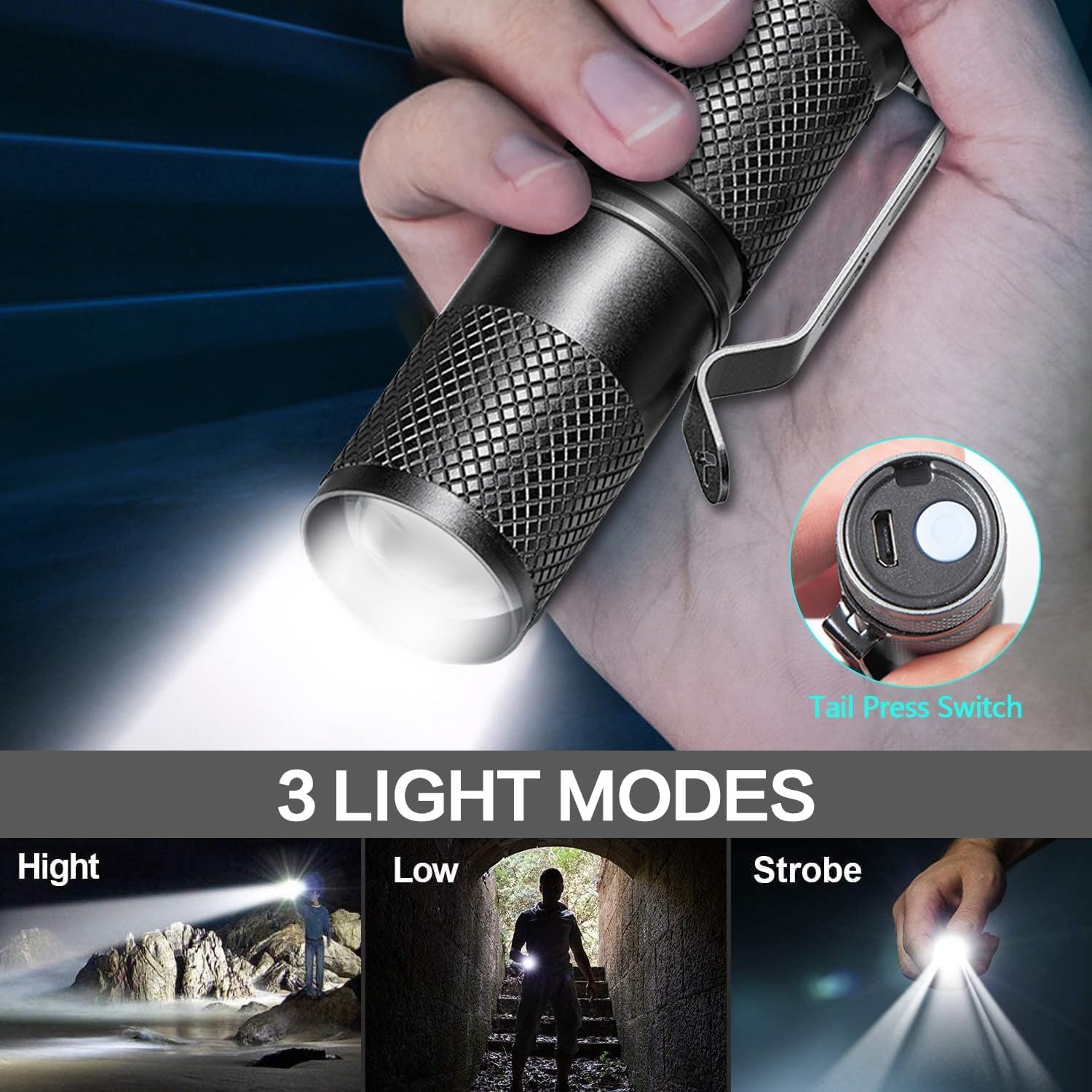 POCKETMAN Mini Extremely Bright LED Torch USB C Rechargeable, Zoomable, 3 Modes Hand Lamp with Clip, Waterproof for Outdoor and Indoor Activities, Camping, Hiking, Emergencies