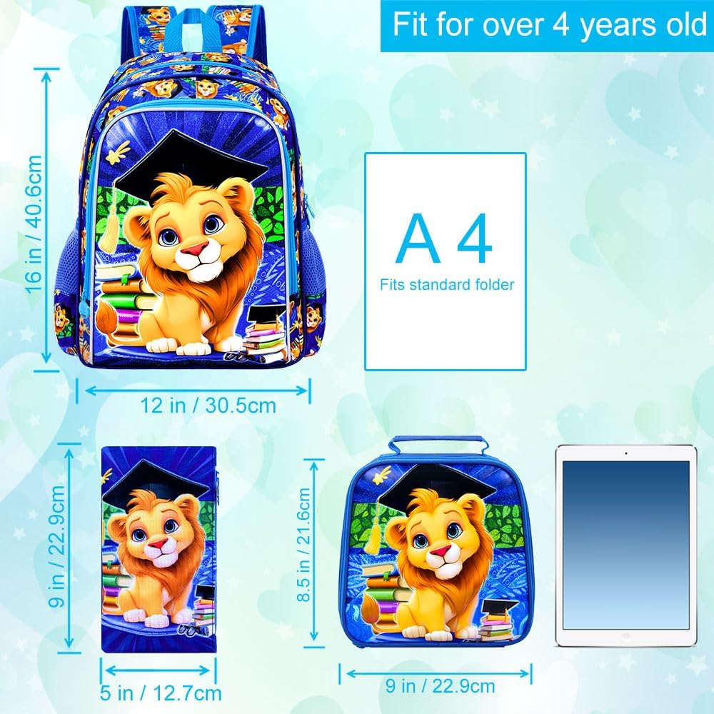 gxtvo 3PCS Kids Lion Backpack for Boys, 16" Kids Bookbag with Lunch Box, Water Resistant School Bag for Elementary Prechool Toddler - Image 4