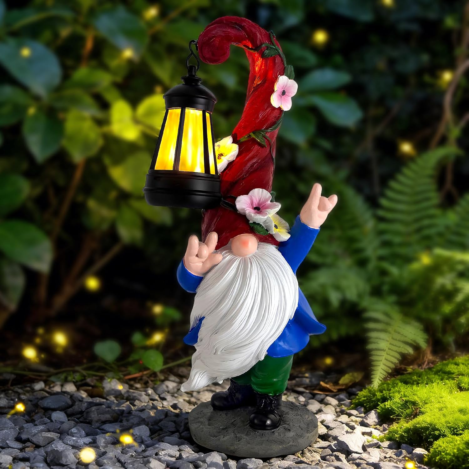 Garden Gnome Statue with Solar Lights 13.7" Garden Sculptures Gnomes Decorations Gnome Outdoor Patio Lawn Yard Balcony Birthday Gift for Mom Grandma(Left Light)