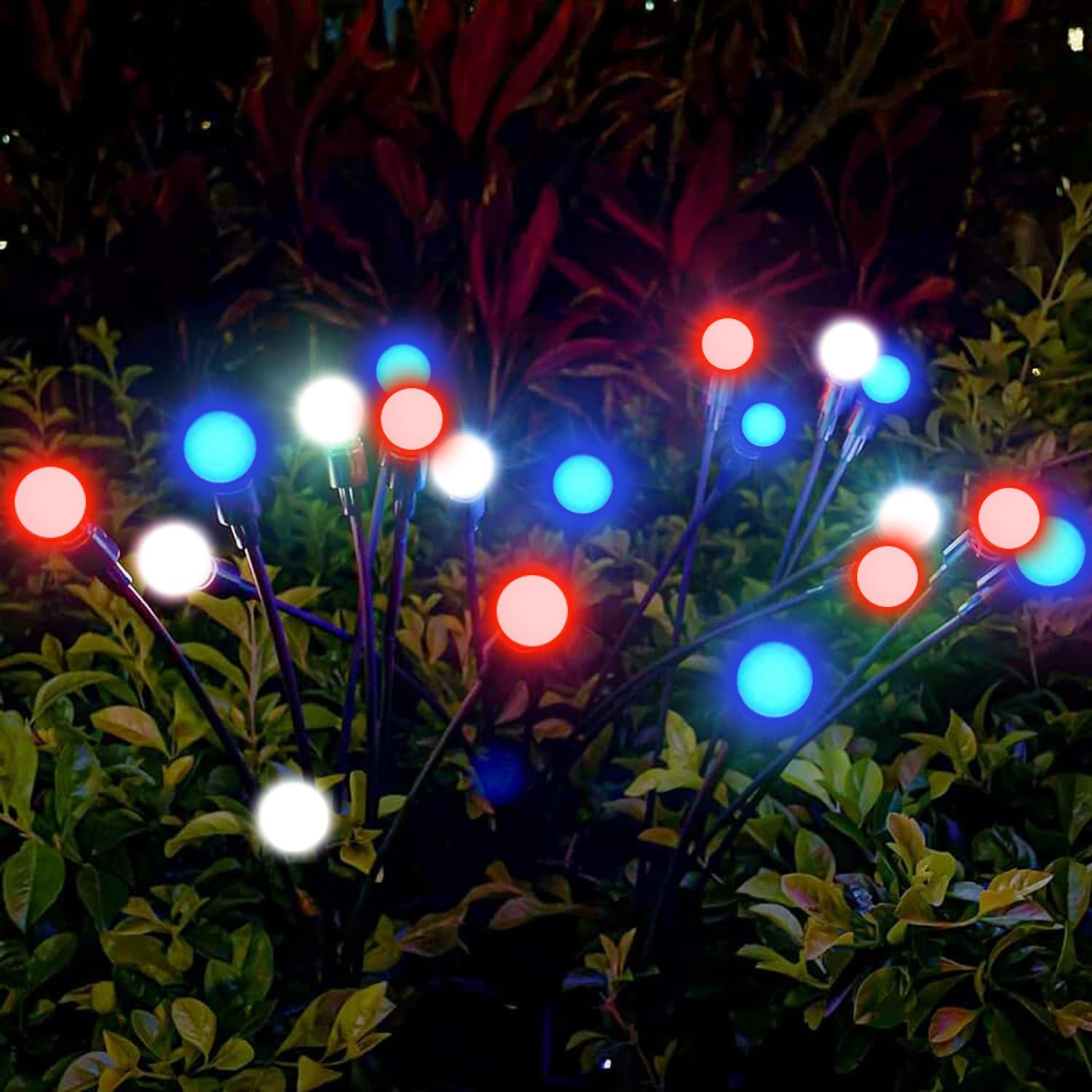 48 LED Red White Blue Firefly Garden Lights Solar Outdoor Waterproof Swaying Garden Lights, for Memorial Day 4th of July Decorations Outdoor Patriotic Garden Lawn Yard Pathway Decor (4 Pack)