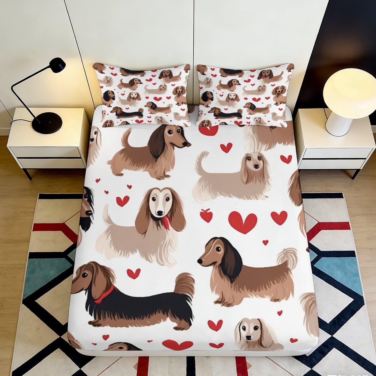3D Printed Dachshund Dog Fitted Sheet Microfiber Soft Bed Cover Heart Pattern for Bedroom Dorm Decor 90x200x25cm