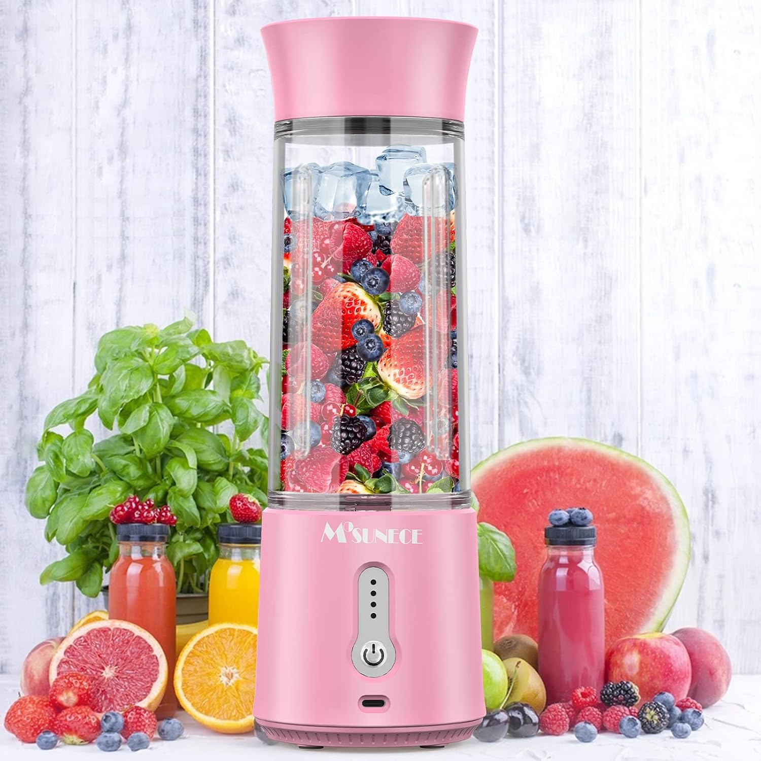 MOSUNECE Portable Blender, 17 Oz Personal Blender for Shakes and Smoothies, Fruit Juice, Mini Blender with Stainless Steel Six Blades, 4000mAh Battery, USB Rechargeable Mixer for Sports, Office,Travel, Gym（Pink）: Home & Kitchen