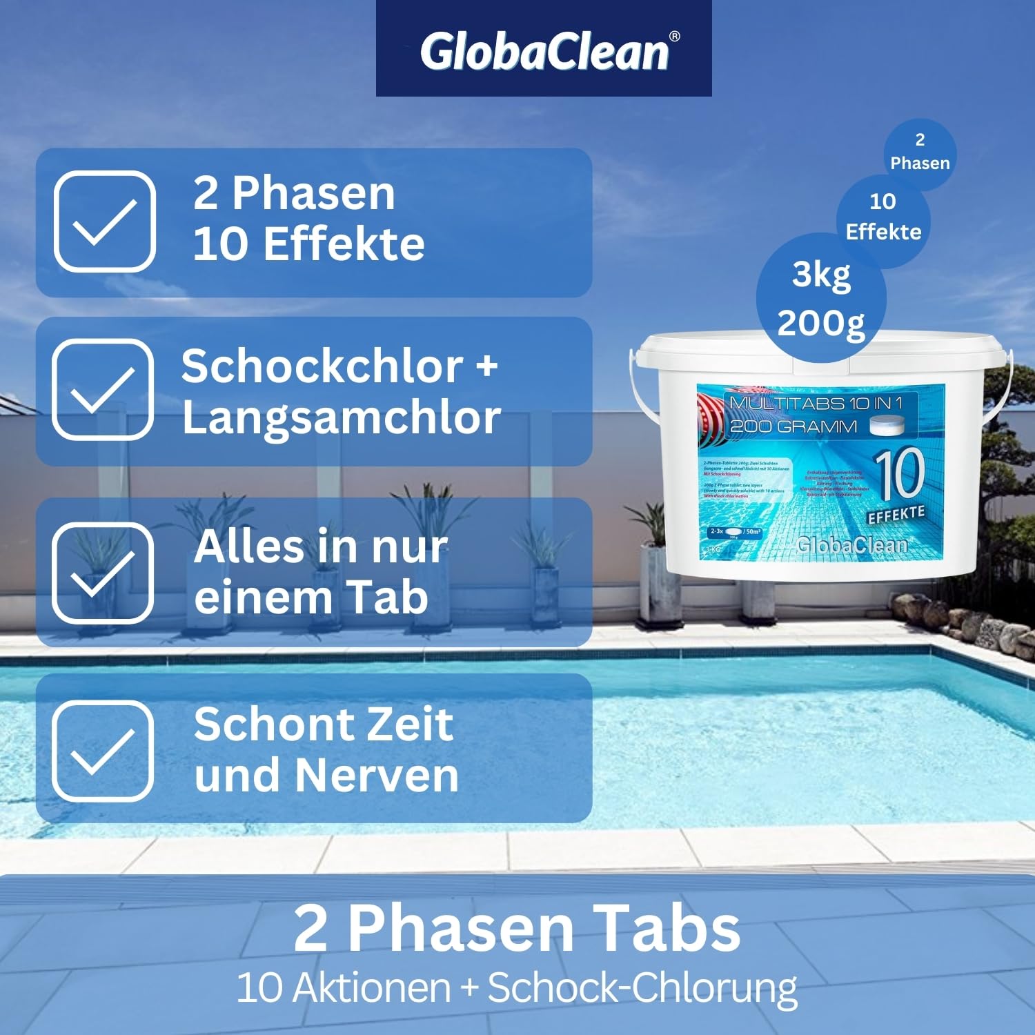 Chlor Multitabs 10 in 1 - Zwei Phasen Chlortabletten für Pool mit 10 Funktionen - Desinfektion von Poolwasser und Filter - 200g Tabletten im 3kg Eimer