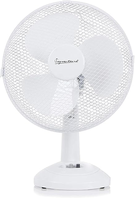 Signature S40008 Portable 9 Inch Oscillating Desk Fan with Adjustable Tilt, 3 Plastic Blades, 2 Speed Settings, White