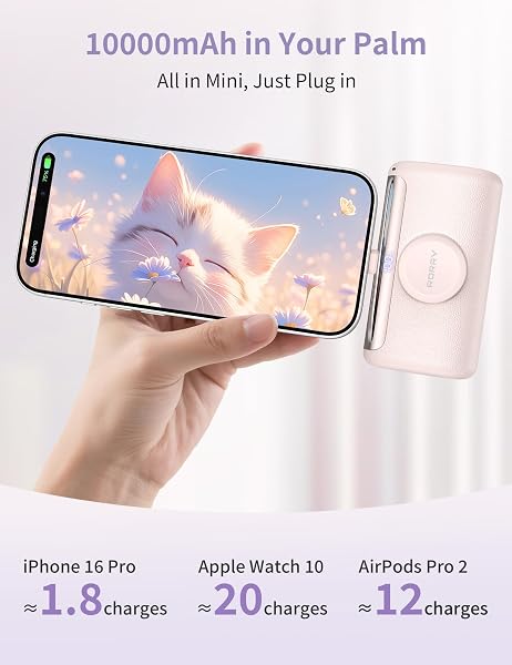RORRY PalmGo Portable Charger, 10000mAh PD 22.5W Fast Charging Mini Power Bank with Built-in USB C Connector, 3-in-1 Battery Pack for iPhone 17/16/15 Pro/Max, Apple Watch Ultra/11/10/SE, iPad, Pink - 2