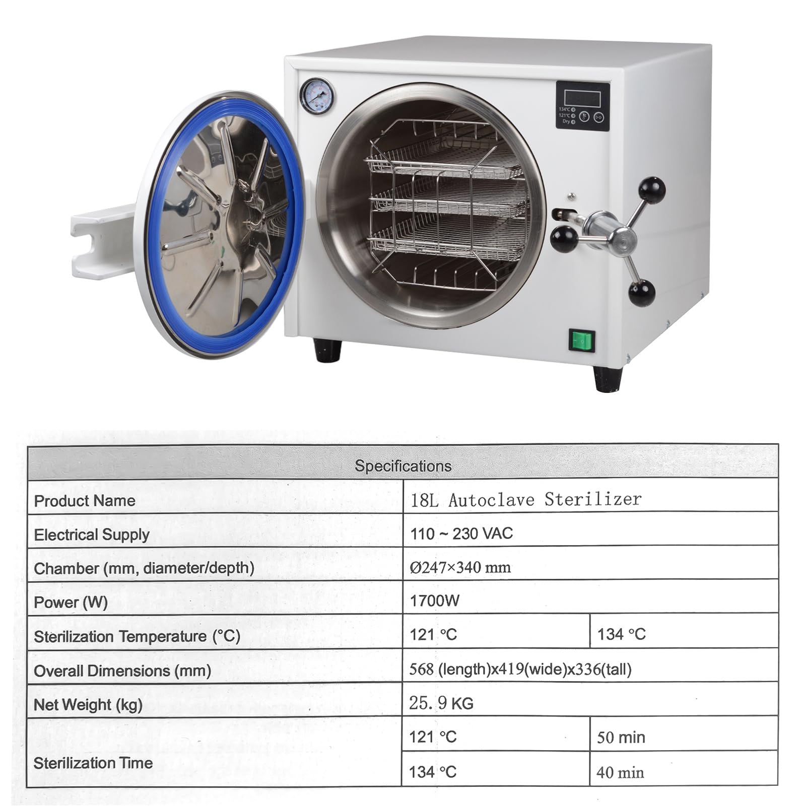 Autoclave - Esterilizador de vapor de alta presión de 18 L con pantalla LED digital, función de secado, cerradura de puerta de doble control, equipo de laboratorio de acero inoxidable