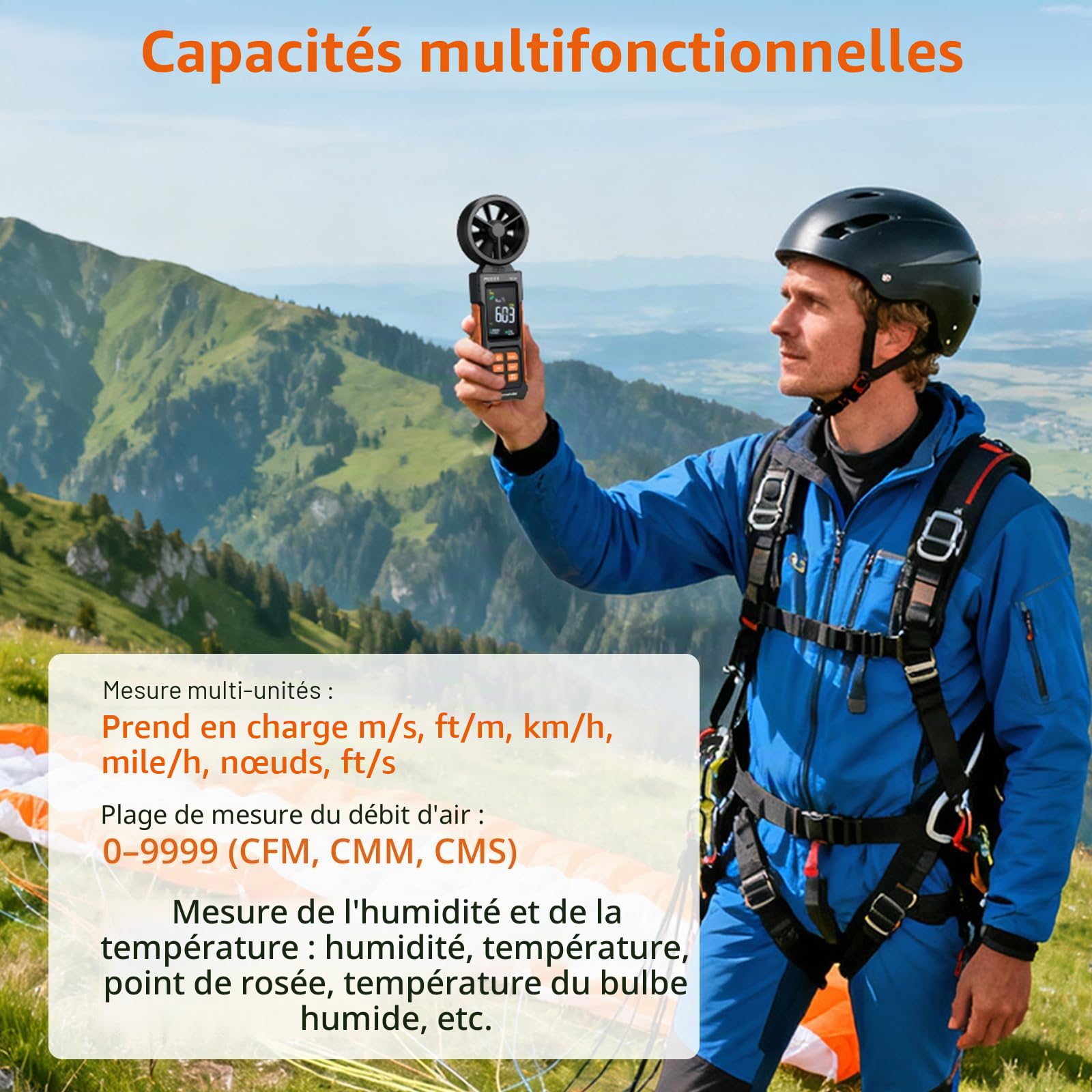 Proster Anémomètre Numérique Professionnel Multifonction - Mesure du Vent, Débit d’Air (CFM/CMM/CMS), Température, Point de Rosée et Boule Humide - Écran Couleur pour Industriel, Éolien, HVAC, Marine